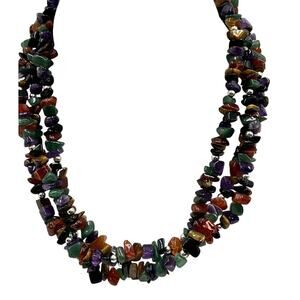 Sterling Silver 925 Multi-Strand Semiprecious Chip Bead Necklace 18” Gemstone